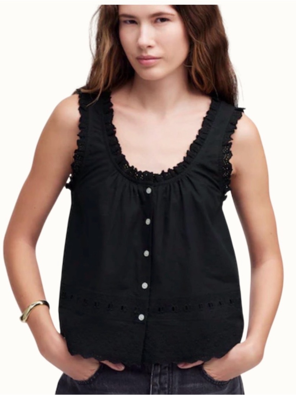 Madewell Black Lace-Trim Button-Front Sleeveless Top
